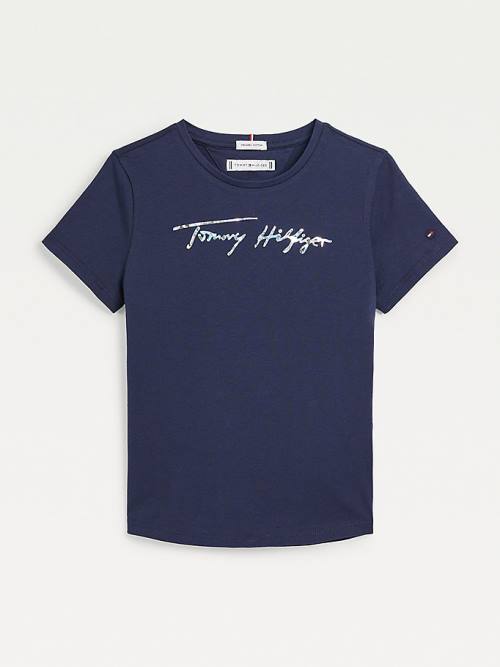 Tommy Hilfiger Metallic Signature Logo T-shirts Meisjes Blauw | TH857SNO