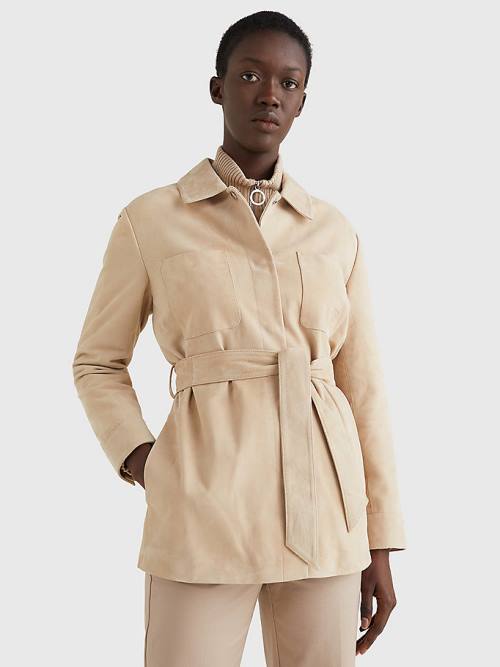 Tommy Hilfiger Monogram Belted Suede Shacket Jassen Dames Beige | TH169YHX