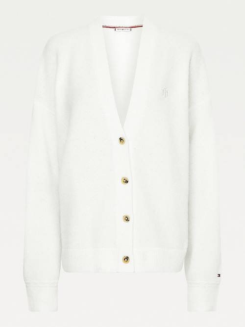 Tommy Hilfiger Monogram Embroidery Relaxed Fit Alpaca Cardigan Truien Dames Wit | TH284HXB