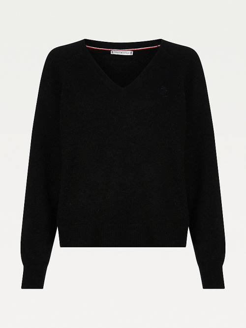 Tommy Hilfiger Monogram Embroidery Relaxed Fit V-Neck Jumper Truien Dames Zwart | TH598YZB