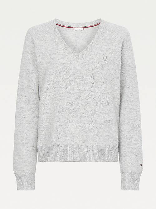 Tommy Hilfiger Monogram Embroidery Relaxed Fit V-Neck Jumper Truien Dames Grijs | TH628HUK