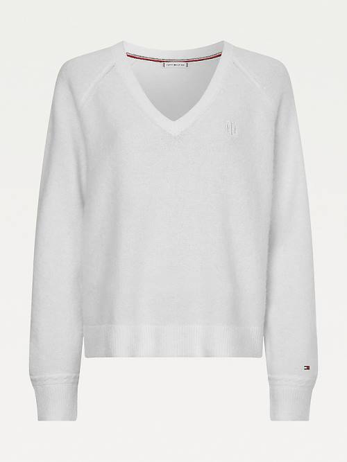 Tommy Hilfiger Monogram Embroidery Relaxed Fit V-Neck Jumper Truien Dames Wit | TH805LOS