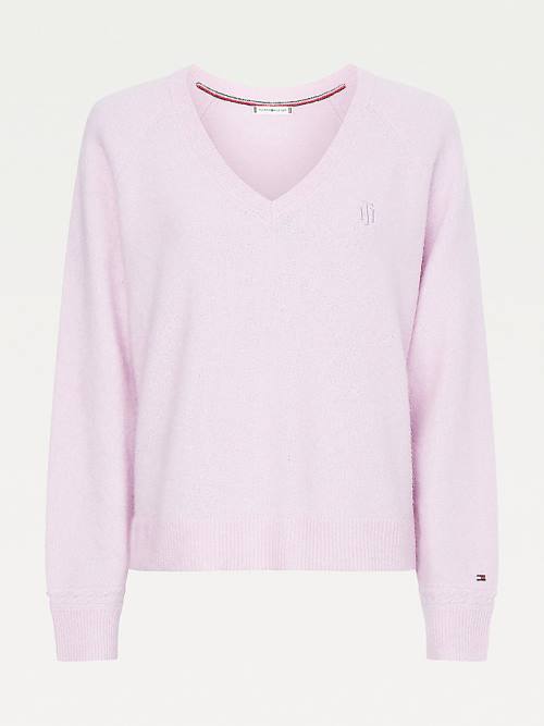 Tommy Hilfiger Monogram Embroidery Relaxed Fit V-Neck Jumper Truien Dames Paars | TH851QEJ