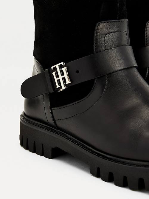 Tommy Hilfiger Monogram Gesp Leren Schoenplaatjes Laarzen Dames Zwart | TH726SVL