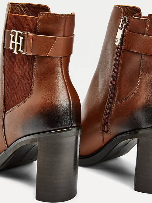 Tommy Hilfiger Monogram High Heel Leren Ankle Laarzen Dames Bruin | TH429RAZ