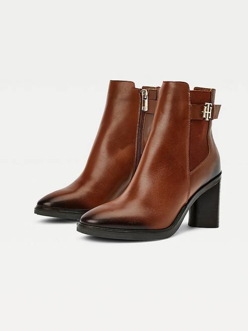 Tommy Hilfiger Monogram High Heel Leren Ankle Laarzen Dames Bruin | TH429RAZ