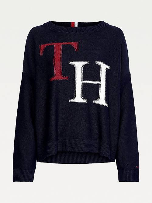 Tommy Hilfiger Monogram Knit Round Neck Jumper Truien Dames Blauw | TH417HOG