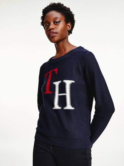 Tommy Hilfiger Monogram Knit Round Neck Jumper Truien Dames Blauw | TH417HOG