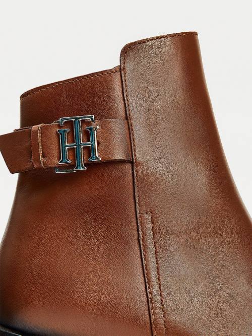 Tommy Hilfiger Monogram Plaque Leren Ankle Laarzen Dames Bruin | TH782WYZ