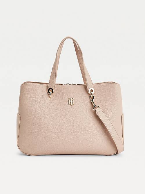 Tommy Hilfiger Monogram Plaque Satchel Tassen Dames Beige | TH824GNW