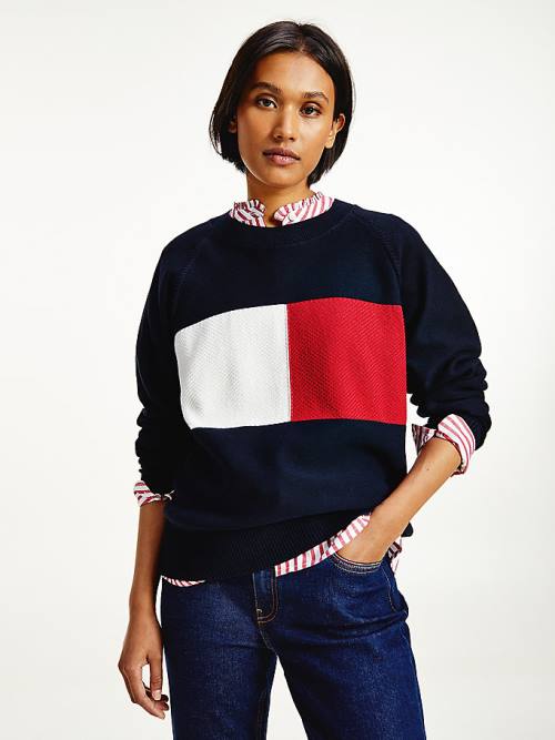 Tommy Hilfiger Organic Katoenen Colour-Blocked Flag Jumper Truien Dames Blauw | TH870KXQ