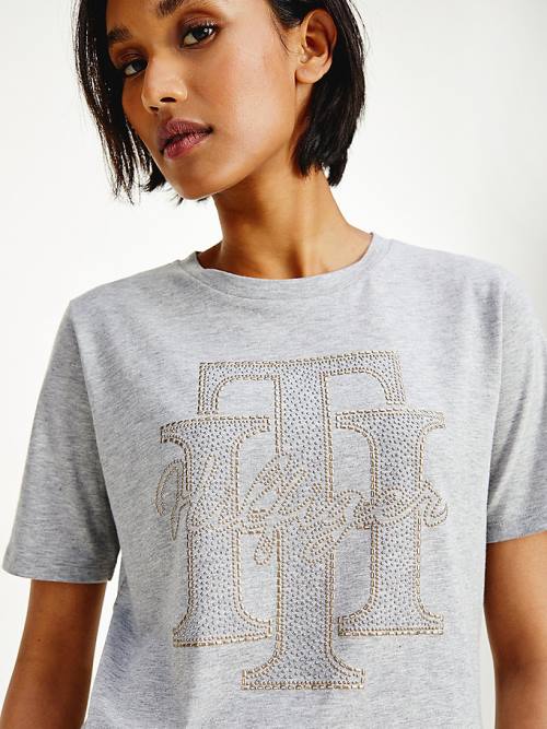 Tommy Hilfiger Organic Katoenen Crystal Monogram T-shirts Dames Grijs | TH360JLR