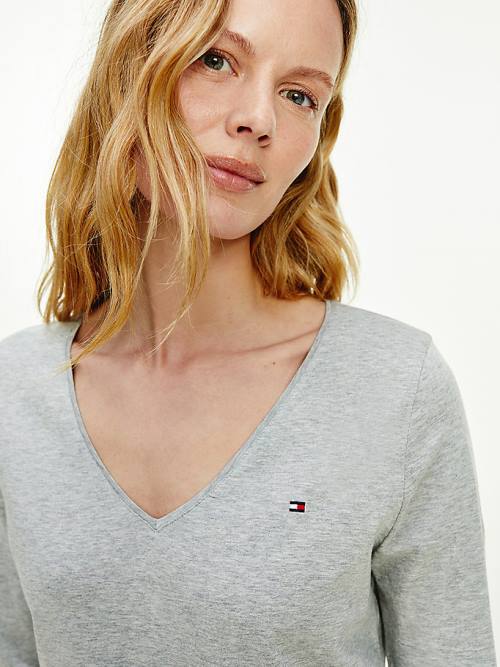 Tommy Hilfiger Organic Katoenen Long Sleeve V-Neck T-shirts Dames Grijs | TH251BDI