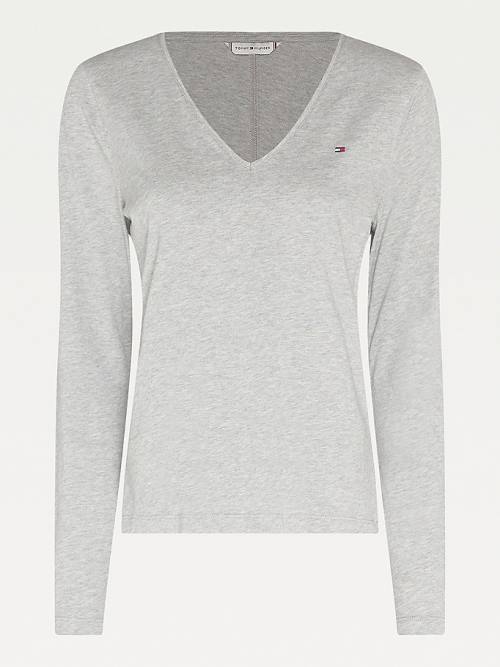 Tommy Hilfiger Organic Katoenen Long Sleeve V-Neck T-shirts Dames Grijs | TH251BDI