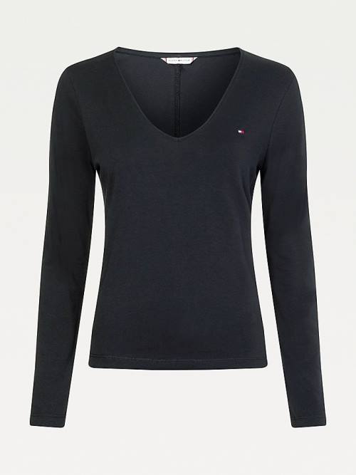 Tommy Hilfiger Organic Katoenen Long Sleeve V-Neck T-shirts Dames Zwart | TH584FYG