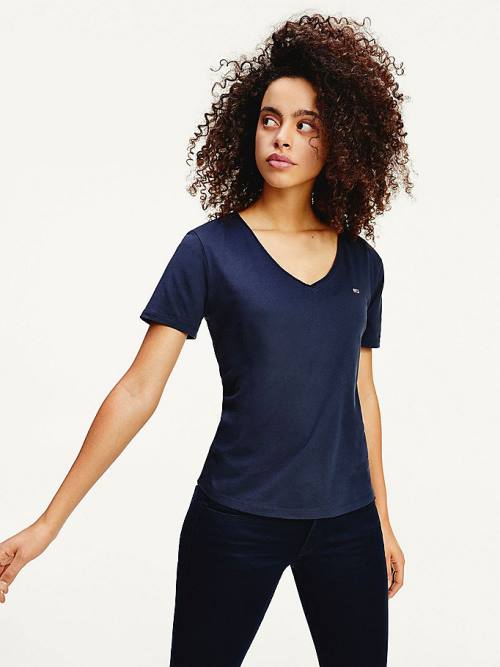 Tommy Hilfiger Organic Katoenen V-Neck Slim Fit T-shirts Dames Blauw | TH742UIA