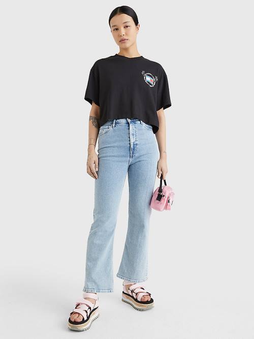 Tommy Hilfiger Oversized Cropped Slogan T-shirts Dames Zwart | TH257VJZ