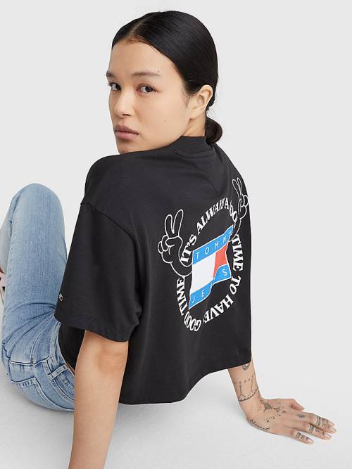 Tommy Hilfiger Oversized Cropped Slogan T-shirts Dames Zwart | TH257VJZ