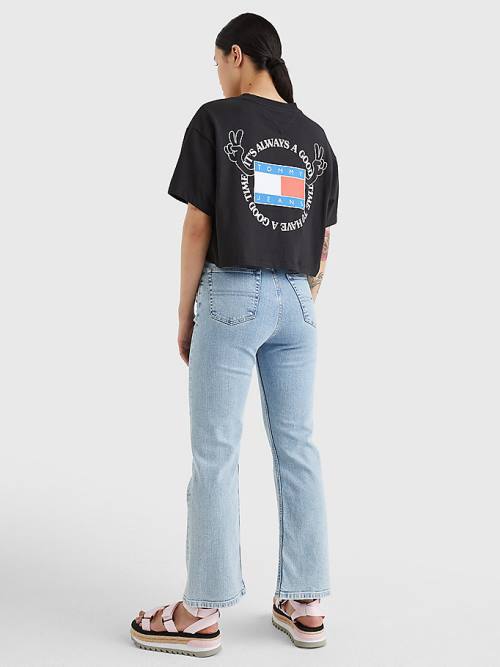 Tommy Hilfiger Oversized Cropped Slogan T-shirts Dames Zwart | TH257VJZ