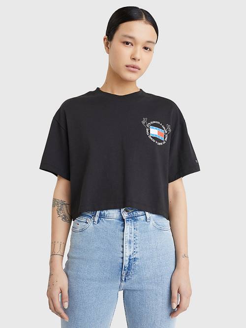 Tommy Hilfiger Oversized Cropped Slogan T-shirts Dames Zwart | TH257VJZ