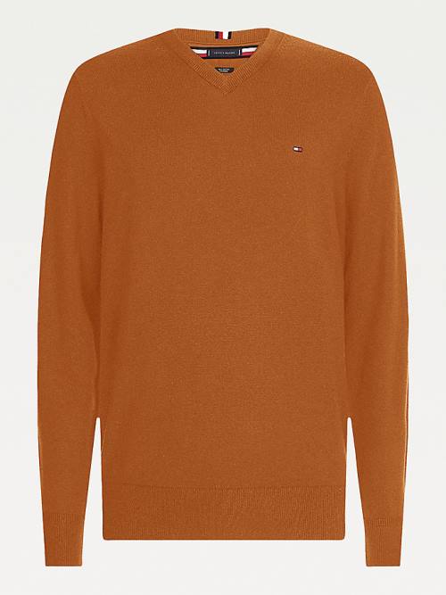 Tommy Hilfiger Pima Katoenen Cashmere V-Neck Jumper Truien Heren Bruin | TH493JTX