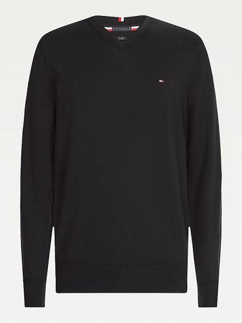 Tommy Hilfiger Pima Katoenen Cashmere V-Neck Jumper Truien Heren Zwart | TH719UBF