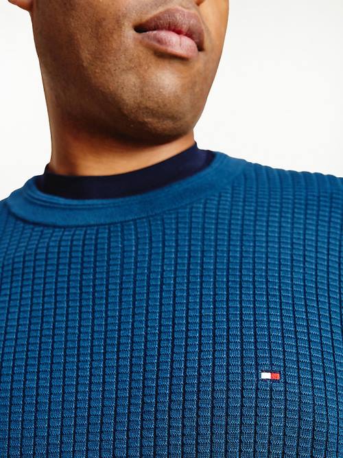 Tommy Hilfiger Plus Knitted Grid Check Crew Neck Jumper Truien Heren Blauw | TH167SQK