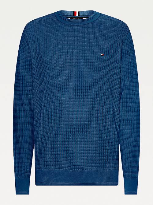 Tommy Hilfiger Plus Knitted Grid Check Crew Neck Jumper Truien Heren Blauw | TH167SQK