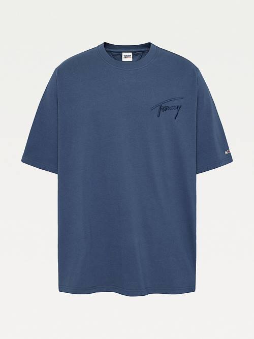 Tommy Hilfiger Plus Signature Logo Recycled Katoenen T-shirts Heren Blauw | TH735WMD