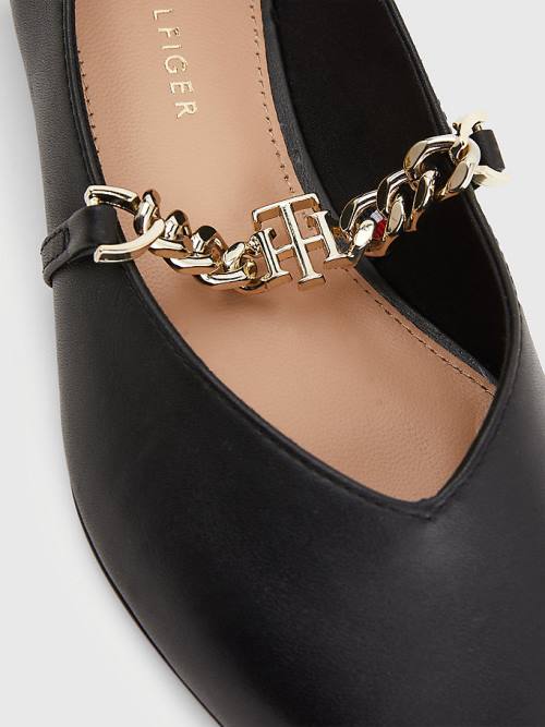 Tommy Hilfiger Pointed Neus Chain Leren Ballerina Schoenen Dames Zwart | TH207BGK