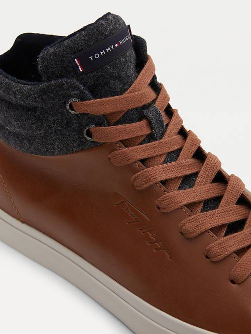 Tommy Hilfiger Premium Leren Signature High-Top Sneakers Heren Bruin | TH820EML