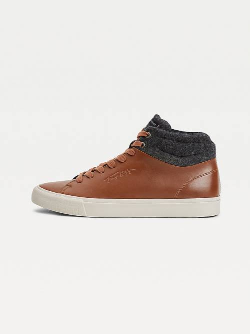 Tommy Hilfiger Premium Leren Signature High-Top Sneakers Heren Bruin | TH820EML