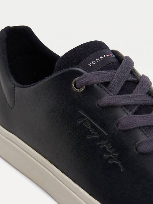 Tommy Hilfiger Premium Leren Signature Vulcanised Sneakers Heren Blauw | TH812QEL