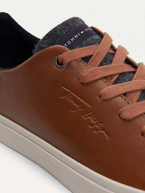 Tommy Hilfiger Premium Leren Signature Vulcanised Sneakers Heren Bruin | TH817EZC