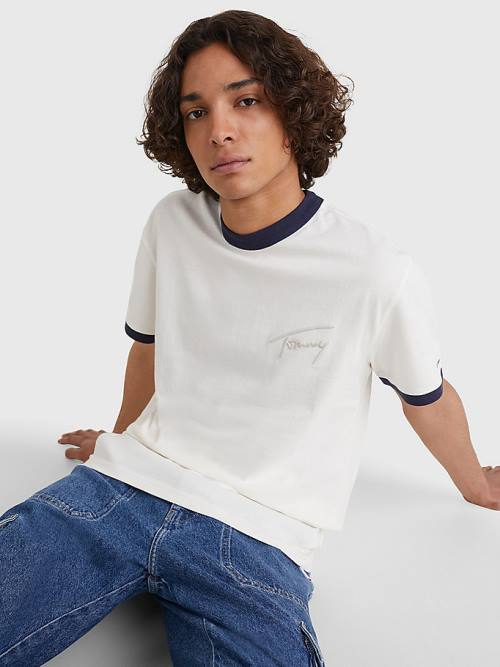 Tommy Hilfiger Recycled Katoenen Signature Logo T-shirts Heren Wit | TH087BOD