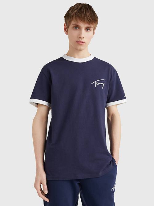 Tommy Hilfiger Recycled Katoenen Signature Logo T-shirts Heren Blauw | TH981GJM