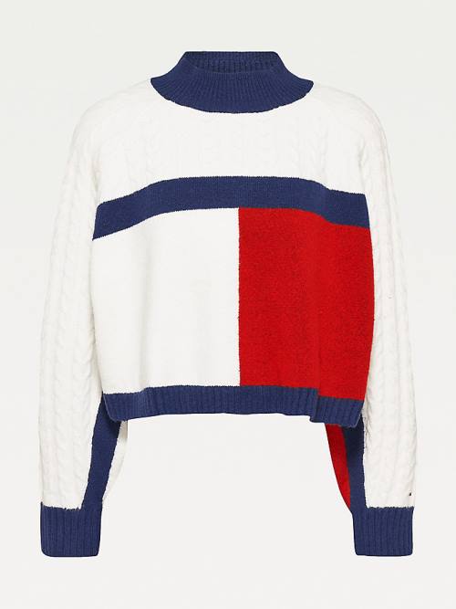 Tommy Hilfiger Recycled Polyester Knit Cropped Flag Jumper Truien Dames Blauw | TH658VMI