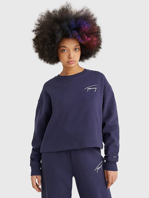 Tommy Hilfiger Recycled Signature Logo Cropped Sweatshirts Dames Blauw | TH387HTK