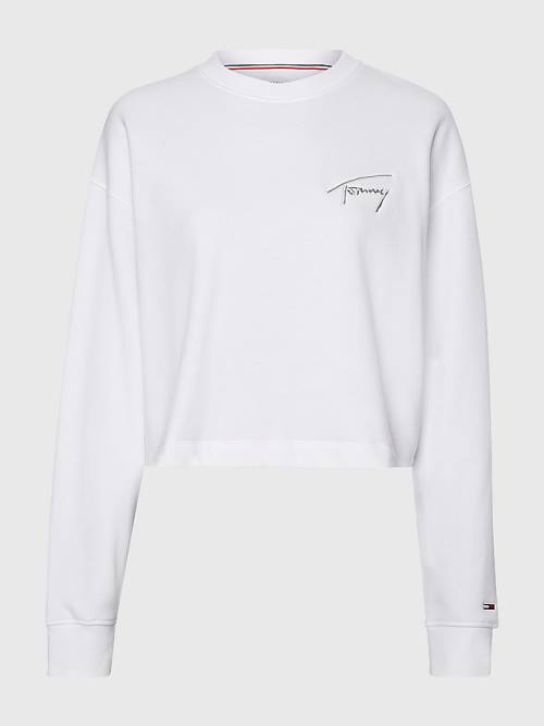 Tommy Hilfiger Recycled Signature Logo Cropped Sweatshirts Dames Wit | TH965OUL