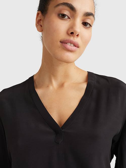 Tommy Hilfiger Relaxed Fit V-Neck Blouse Dames Zwart | TH782YJR