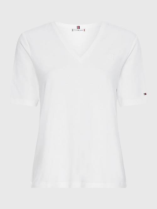 Tommy Hilfiger Relaxed Fit V-Neck Monogram T-shirts Dames Wit | TH508ZXE