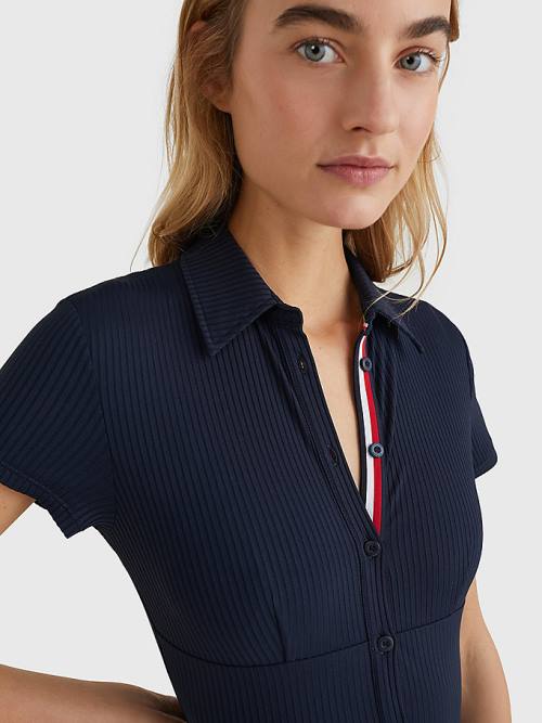 Tommy Hilfiger Ribbed Polo One Piecesuit Zwemkleding Dames Blauw | TH761BJK