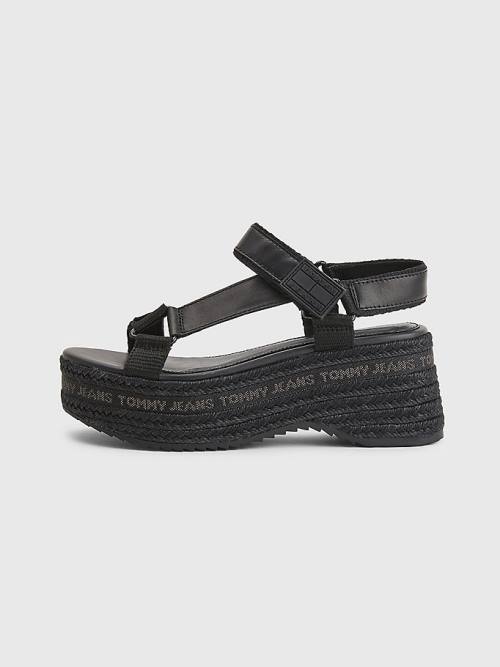 Tommy Hilfiger Rope Wedge Heel Leren Sandalen Dames Zwart | TH253OSW