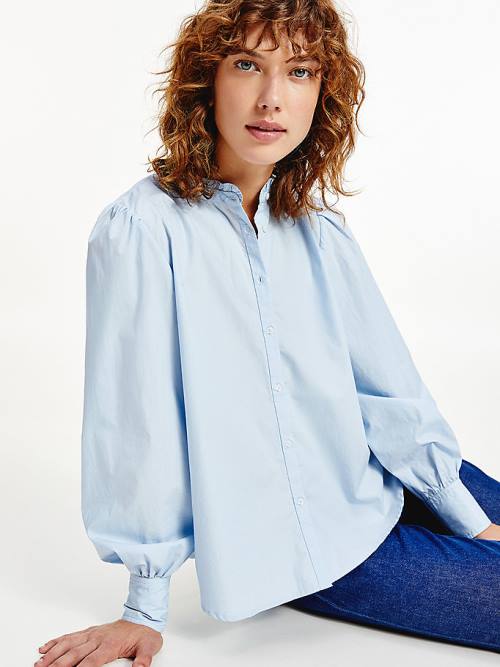 Tommy Hilfiger Ruffled Mandarin Collar Relaxed Fit Blouse Dames Blauw | TH025SDW