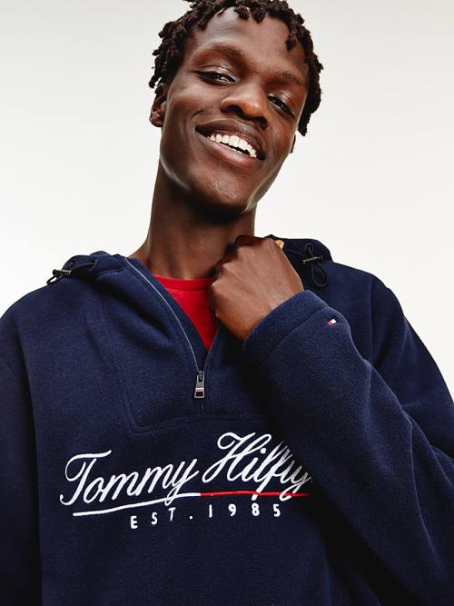 Tommy Hilfiger Script Logo Recycled Fleece Popover Anorak Hoodie Heren Blauw | TH283HNL