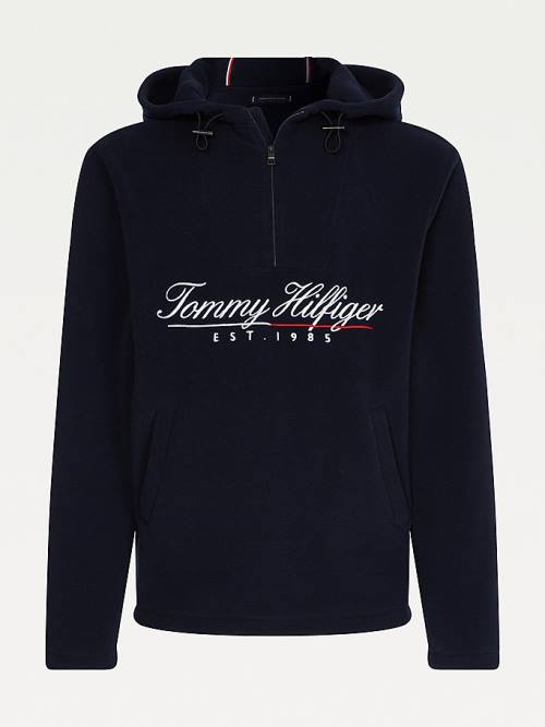 Tommy Hilfiger Script Logo Recycled Fleece Popover Anorak Hoodie Heren Blauw | TH283HNL