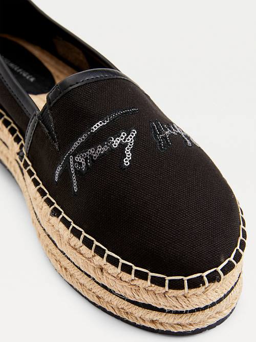 Tommy Hilfiger Sequin Signature Flatform Espadrilles Loafers Dames Zwart | TH310WZU