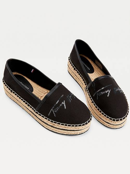 Tommy Hilfiger Sequin Signature Flatform Espadrilles Loafers Dames Zwart | TH310WZU