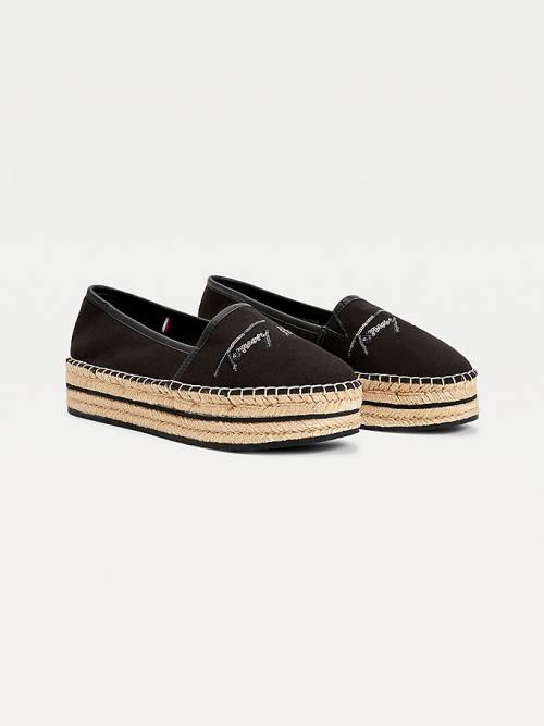 Tommy Hilfiger Sequin Signature Flatform Espadrilles Loafers Dames Zwart | TH310WZU