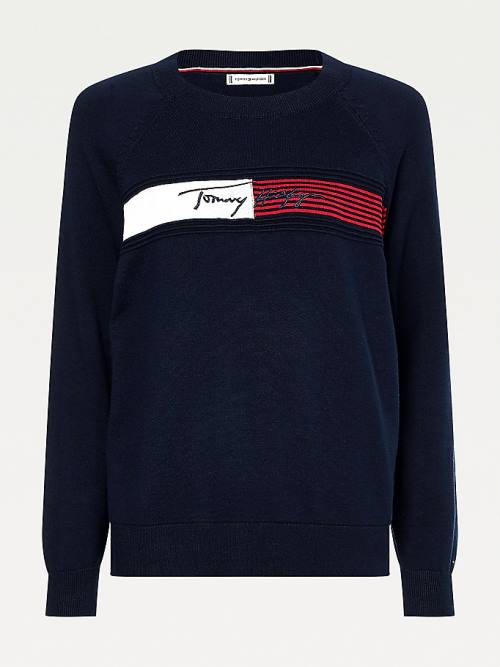 Tommy Hilfiger Signature Embroidery Organic Katoenen Jumper Truien Dames Blauw | TH183BDW